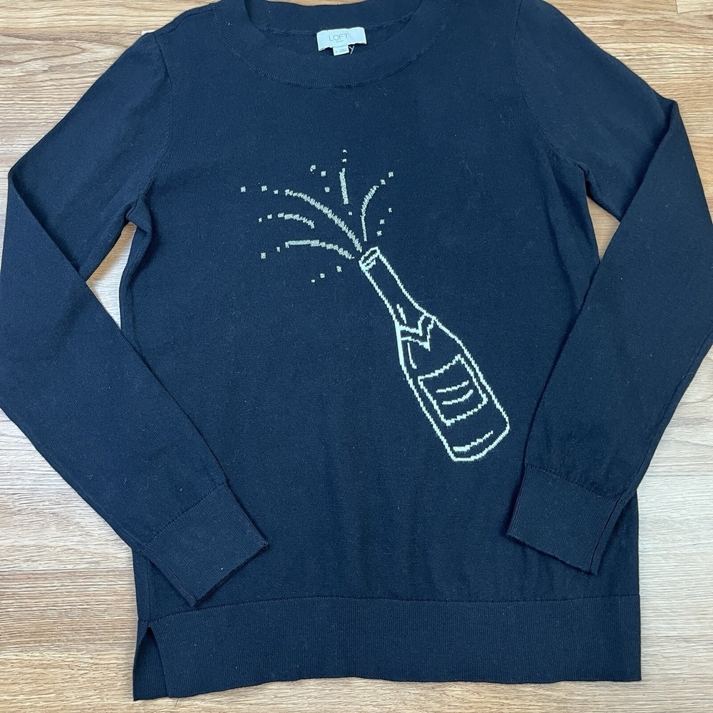 Loft‎ Outlet Champagne Bottle Cheers Party Sweater Women's Small Black NEW